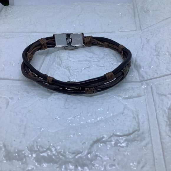 Unisex Brown Leather Rope Wrist Bracelet with Stainless Steel - Picture 7 of 7